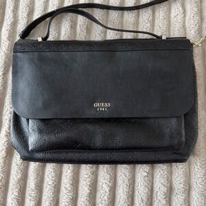 Guess 1981 Black Monogram Embossed Crossbody Bag Leopard Print Lining Large